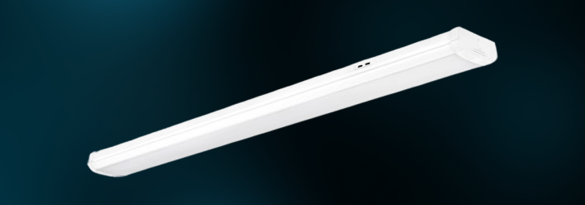 White dual selectable wraparound LED light fixture shown on a dark blue background